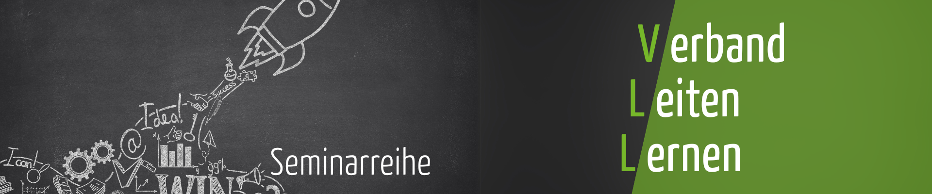 Rakete startet über Zahnrädern und Buchstaben, daneben Text 'Seminarreihe Verband Leiten Lernen' in grün und weiß